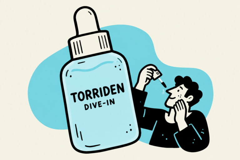 Torriden Dive-In serum bottle with a small hand-drawn character applying serum