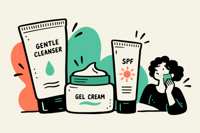 Large gentle cleanser, gel cream and sunscreen with a small flat illustrated woman using blotting paper