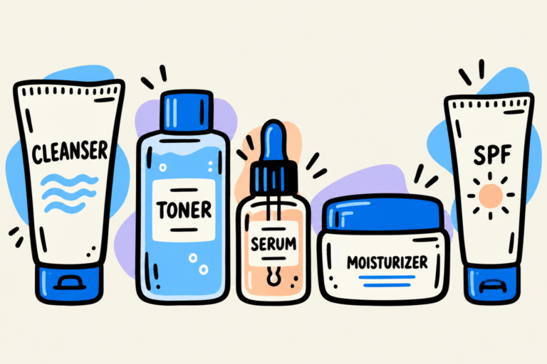 Five routine steps: cleanser, toner, serum, moisturizer and morning SPF.