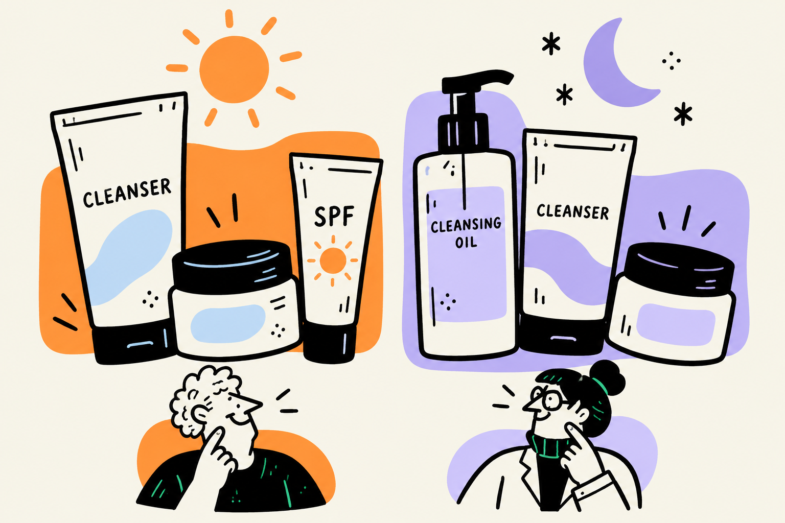 Large morning skincare products under a sun and evening products under a moon, with small flat illustrated characters