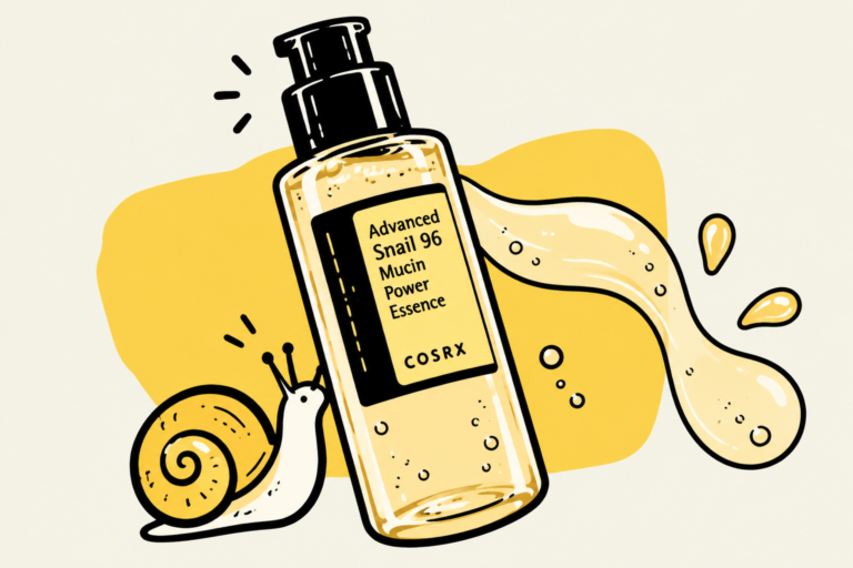 COSRX Advanced Snail 96 essence bottle with a stylized snail and flowing gel.
