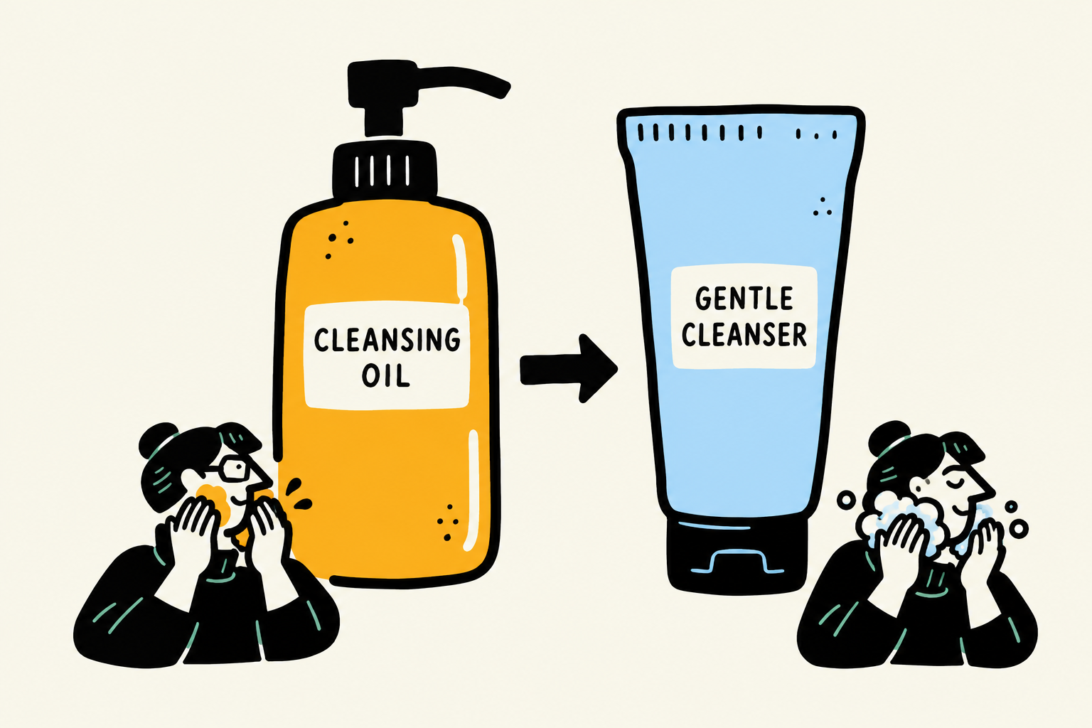 Flat ink illustration of cleansing oil followed by gentle cleanser, with small people demonstrating the two steps.