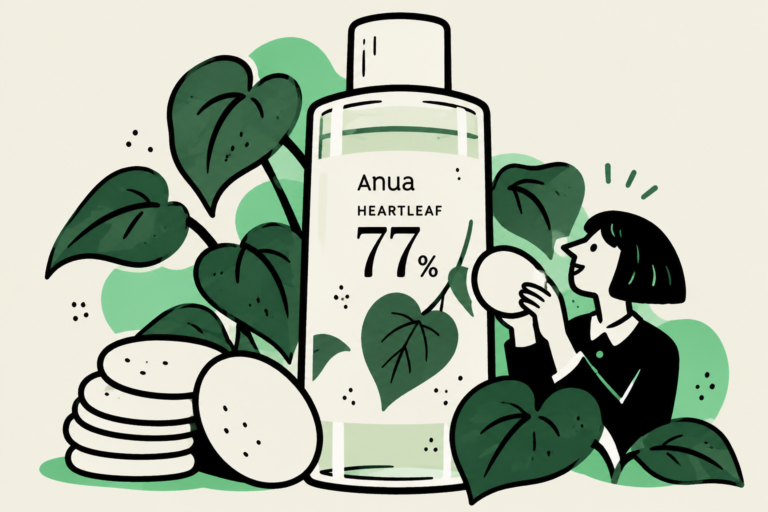 Anua Heartleaf 77 toner with heartleaf leaves, cotton pads and a small flat ink character.