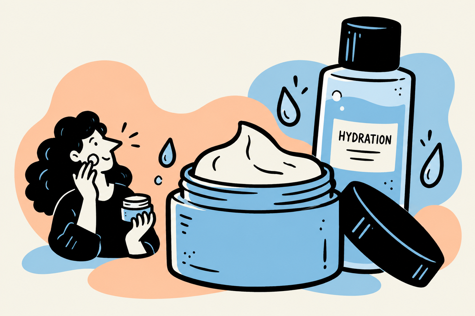 Large moisturizer and hydrating toner with a small flat ink woman applying cream to her cheek.