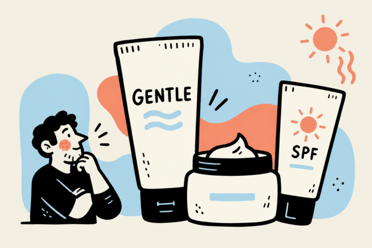 Flat ink illustration of gentle cleanser, moisturizer and sunscreen beside a small man with cheek redness.