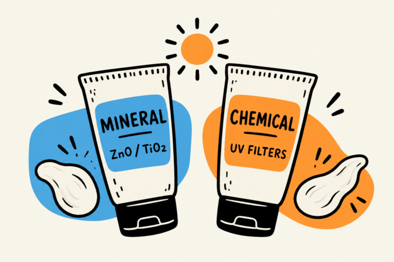 Mineral and chemical sunscreen tubes distinguished by blue and orange labels.