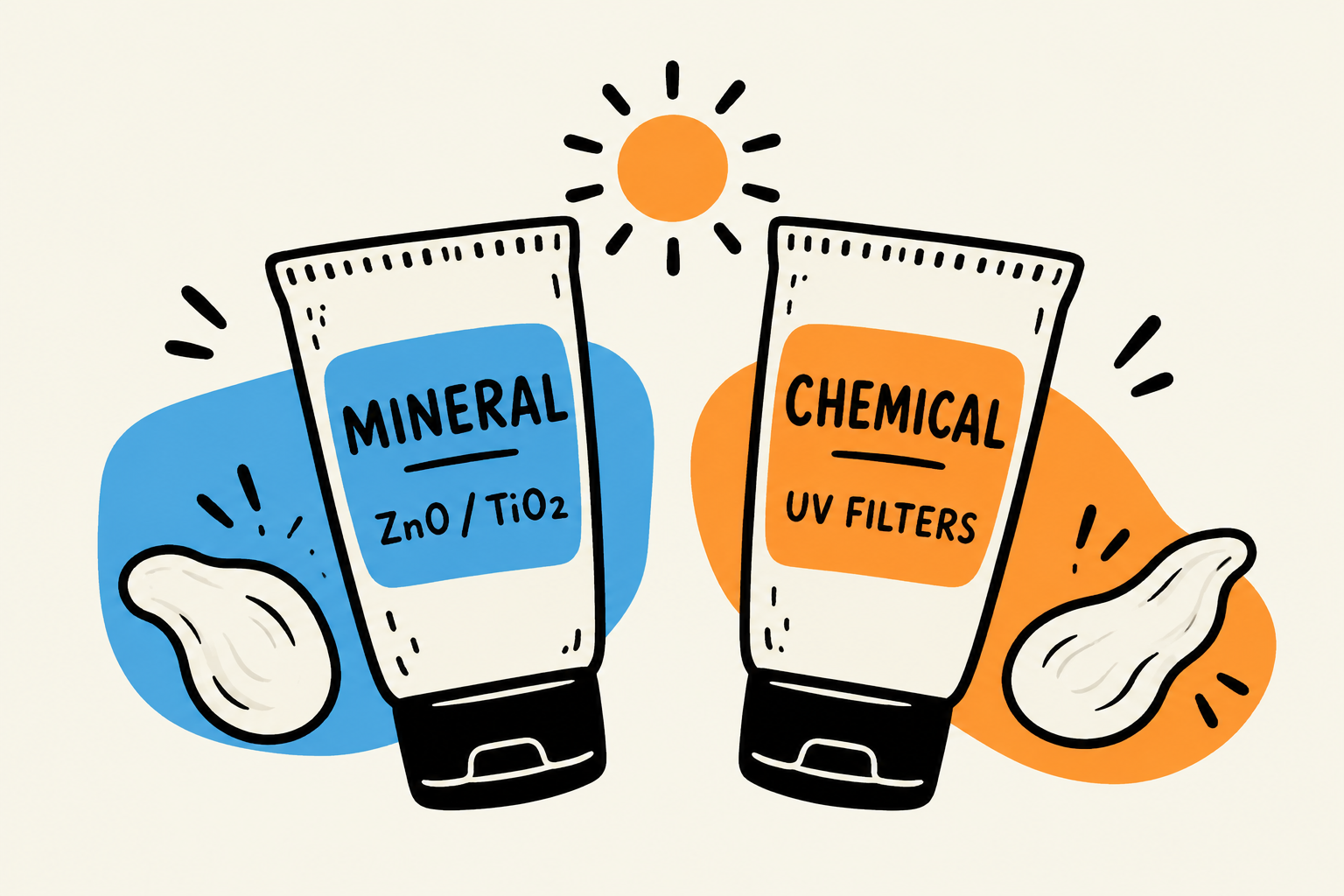 Mineral and chemical sunscreen tubes distinguished by blue and orange labels.