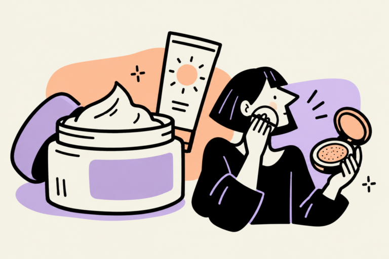 Moisturizer and sunscreen beside a small illustrated woman applying cushion makeup.