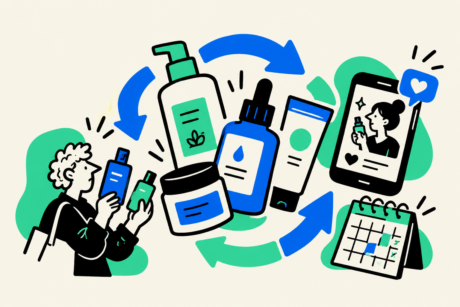 Skincare products within circular arrows, with a phone, calendar and small illustrated shopper.