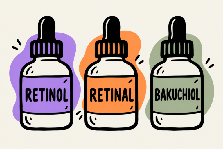 Three distinct bottles labeled retinol, retinal and bakuchiol.