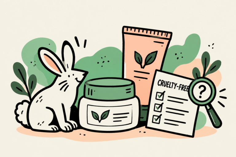 A stylized rabbit beside cosmetics and a cruelty-free checklist with a question mark.