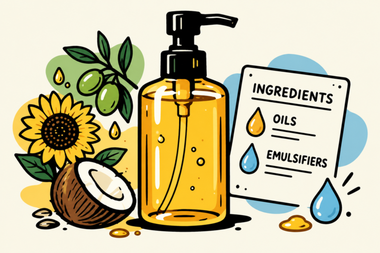 Cleansing oil bottle with example plant oils and an ingredient card distinguishing oils and emulsifiers.