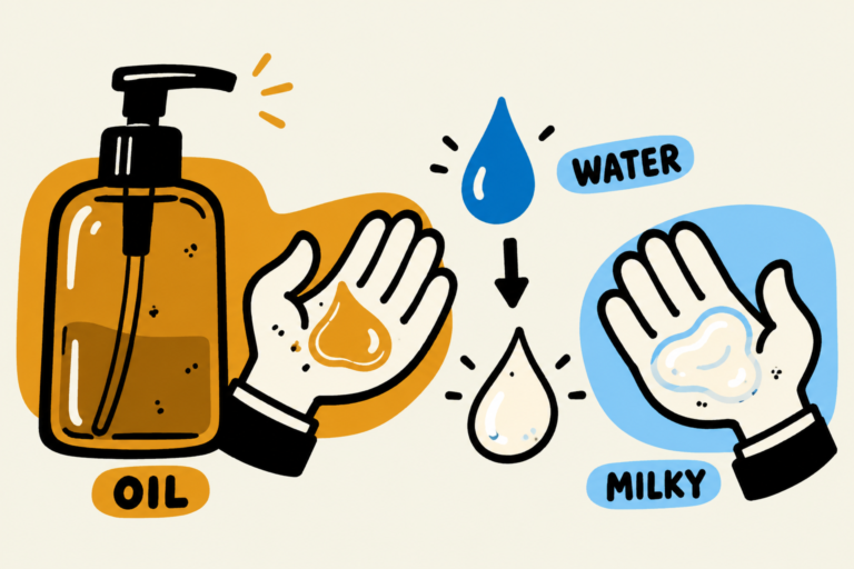 Cleansing oil becomes milky when water is added, shown on two five-fingered palms.