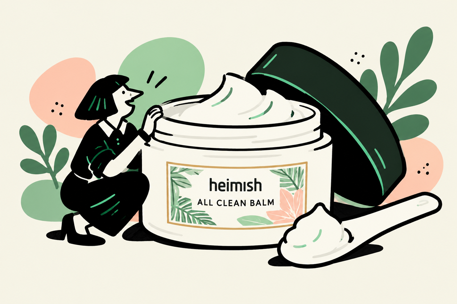 Heimish All Clean Balm jar with a spatula and small flat ink character.