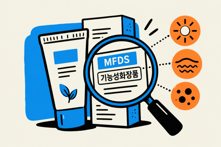 A Korean functional cosmetics label examined with a magnifying glass, with icons for UV, wrinkles and uneven tone.