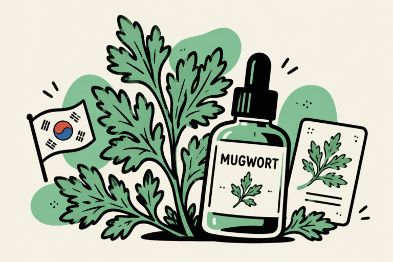 Mugwort leaves beside a skincare bottle and a Korean flag.