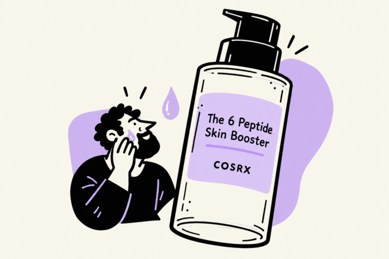 COSRX The 6 Peptide Skin Booster pump bottle with a small flat ink character applying serum.