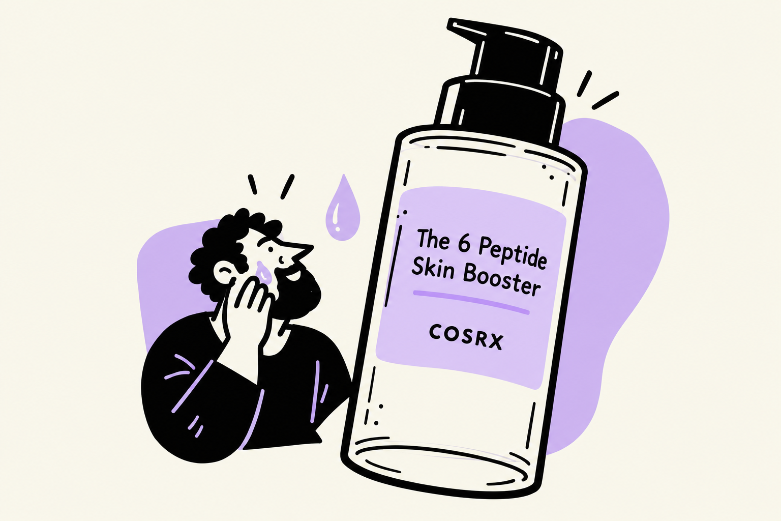 COSRX The 6 Peptide Skin Booster pump bottle with a small flat ink character applying serum.