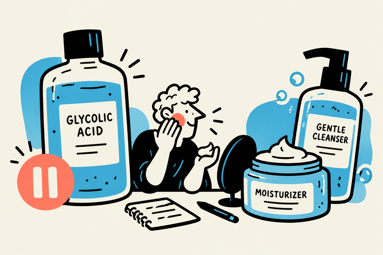 Personal barrier recovery diary illustration with glycolic acid paused, gentle cleanser and moisturizer.