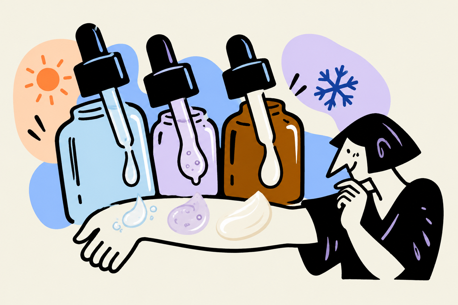 Three ampoule textures compared on an arm, with large dropper bottles and a small illustrated reader.