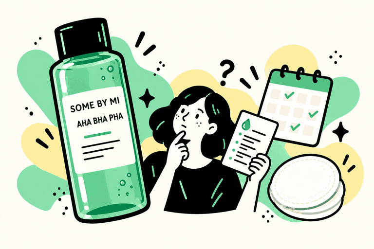 Some By Mi AHA BHA PHA toner with cotton pads, a calendar and an ingredient checklist.