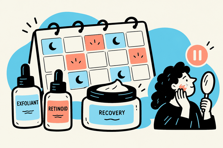 A flexible skincare calendar with exfoliant, retinoid and recovery products beside a person checking their skin.