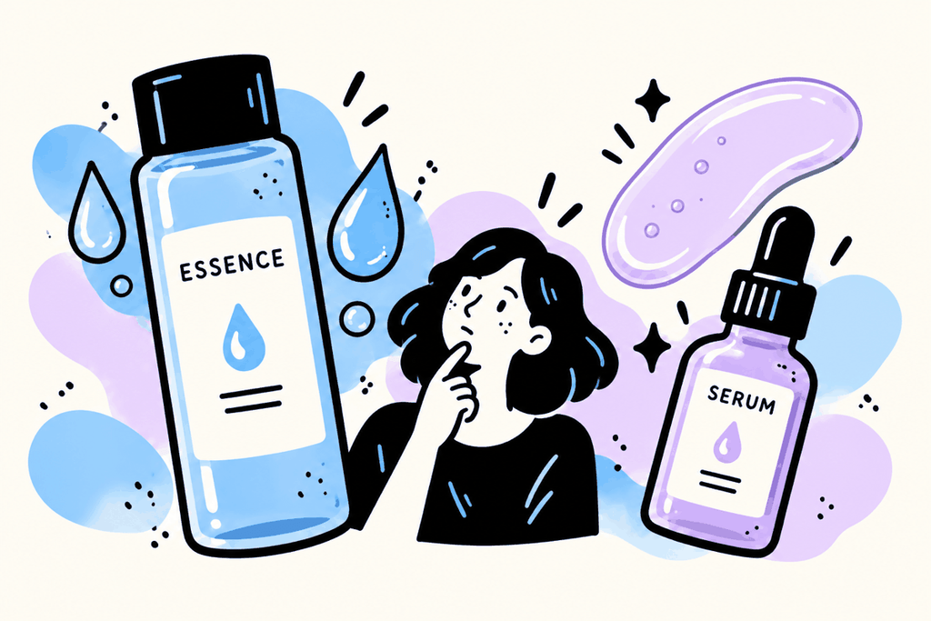 Illustrated essence and serum bottles with water droplets, a gel swatch and a woman comparing skincare textures.