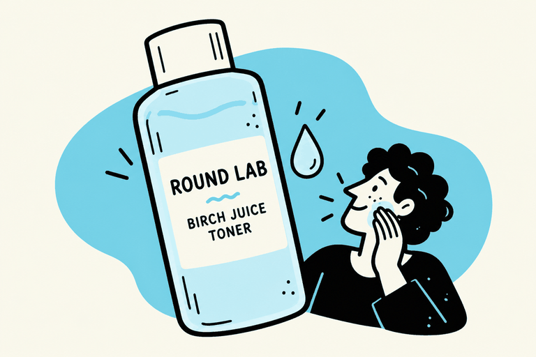 Round Lab Birch Juice toner bottle beside a small person patting toner onto their cheek.