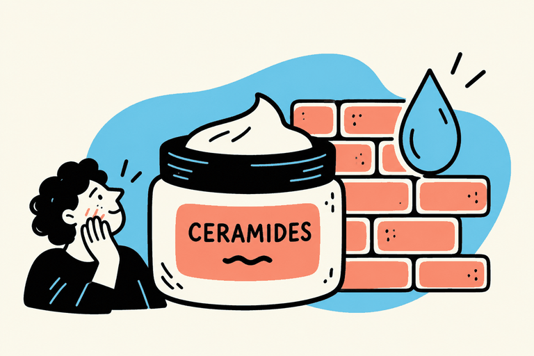 Ceramide cream with a brick-and-mortar barrier motif, a water droplet and a small person touching their cheek.