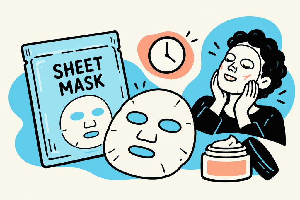 Sheet-mask pouch and unfolded mask beside a person wearing a mask, a clock and a moisturizer jar.