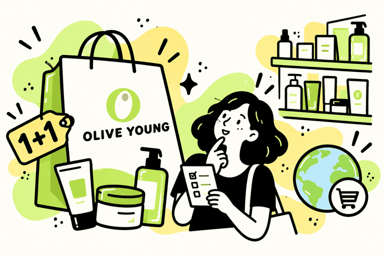 Olive Young shopping bag, skincare shelves and a shopper checking a list beside an online shopping globe.