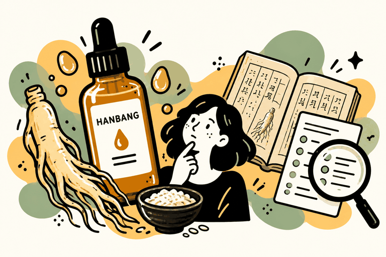 Hanbang serum with ginseng root, rice, a traditional book and a modern ingredient checklist.