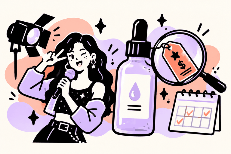 Fictional K-pop performer under studio lighting beside a serum, sponsorship tag and skincare habit calendar.