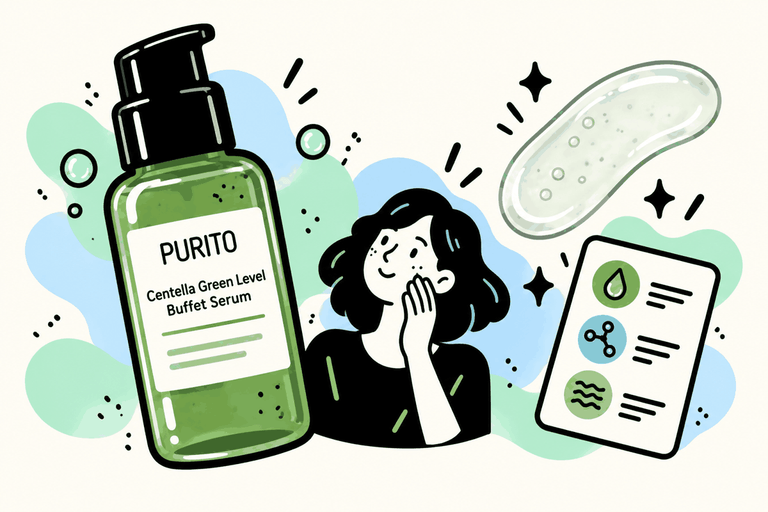 Purito Centella Green Level Buffet Serum pump bottle, a gel swatch and an ingredient card beside a person applying skincare.
