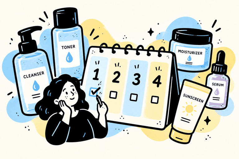 Four-week skincare planner with cleanser, toner, moisturizer, serum and sunscreen, and a person checking one addition at a time.