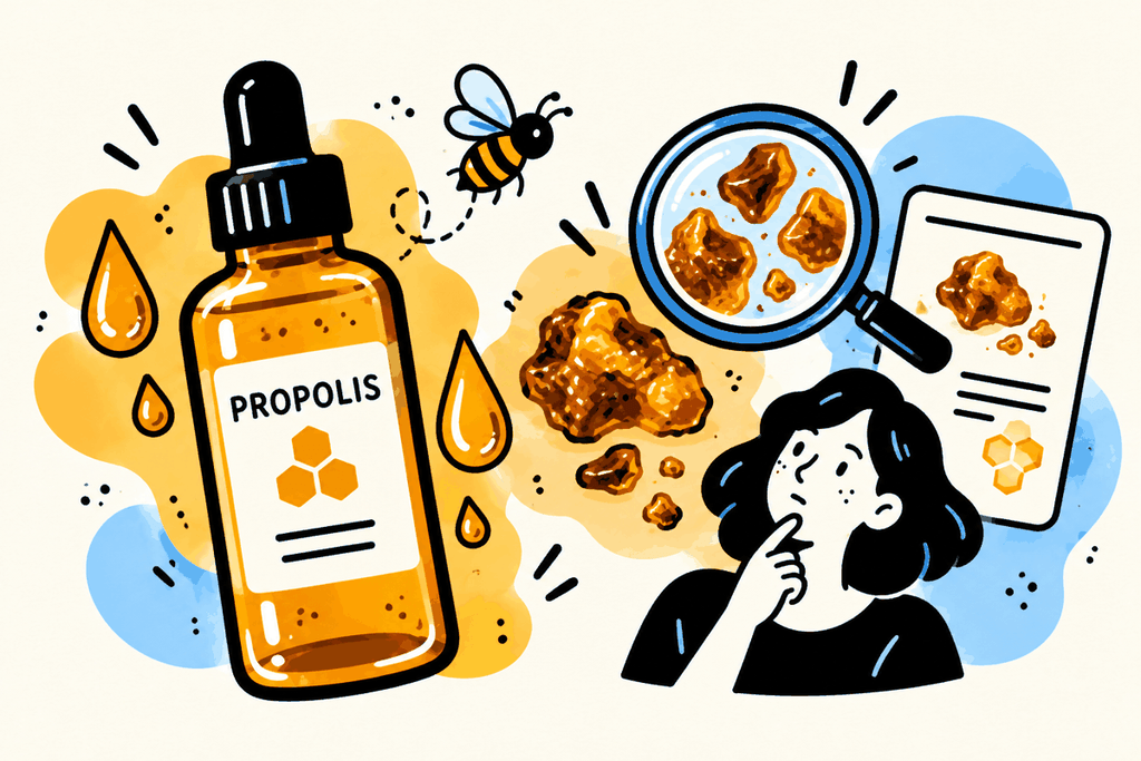 Propolis serum bottle, a bee and resin samples under a magnifying glass with an ingredient card.