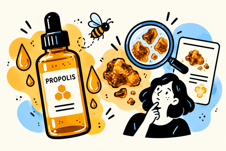Propolis serum bottle, a bee and resin samples under a magnifying glass with an ingredient card.