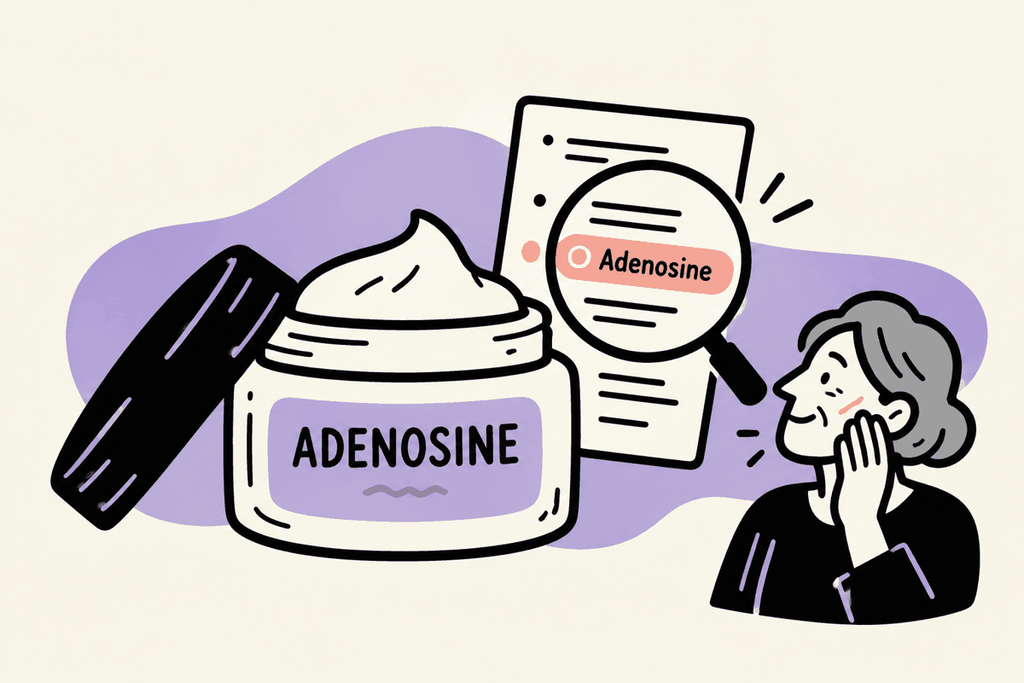 Adenosine cream jar with an ingredient-list magnifier and a small adult touching their cheek.