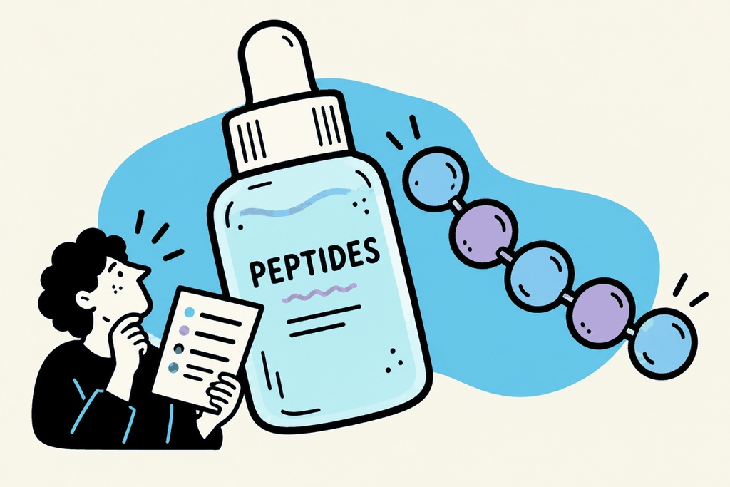 Peptide serum with a stylized short amino-acid chain and a person reading an ingredient card.