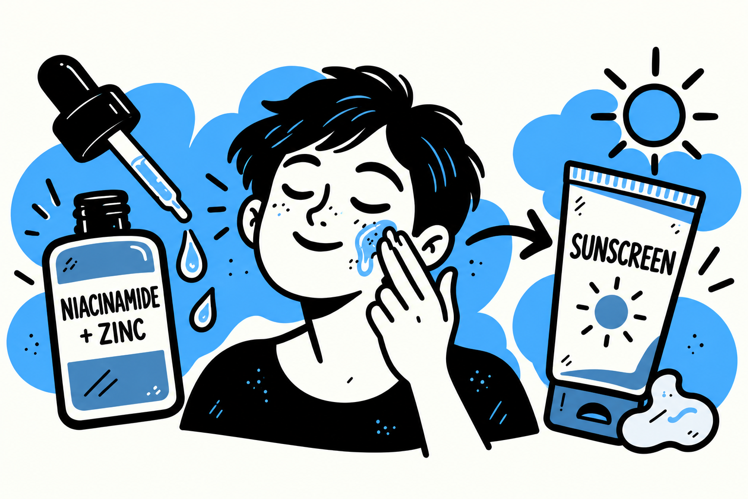 Illustration of niacinamide and zinc serum followed by sunscreen in a morning routine