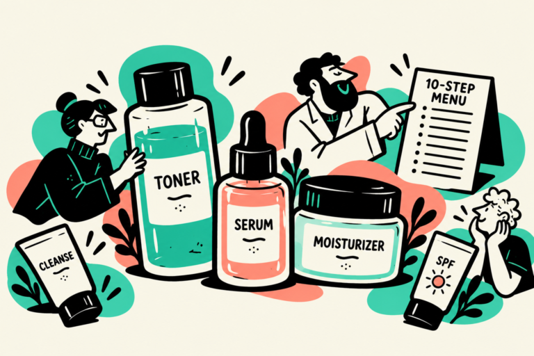 Illustrated toner, serum, moisturizer, cleanser and SPF beside a 10-step menu card