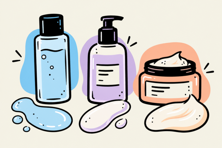 Three skincare textures, from light toner to medium lotion and rich cream.