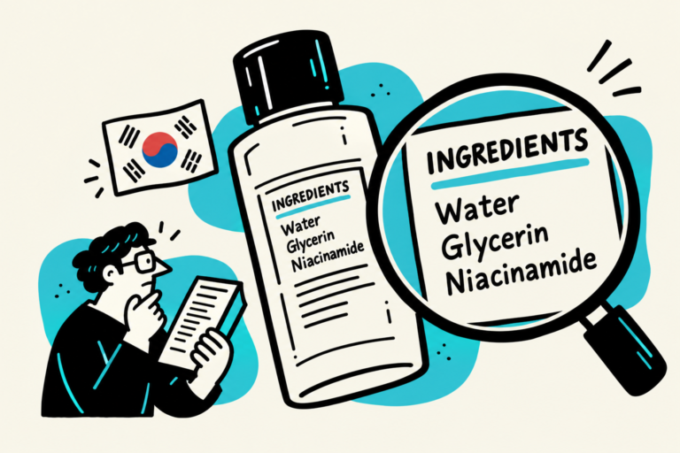 A Korean skincare ingredient label enlarged through a magnifying glass, with a small illustrated reader.