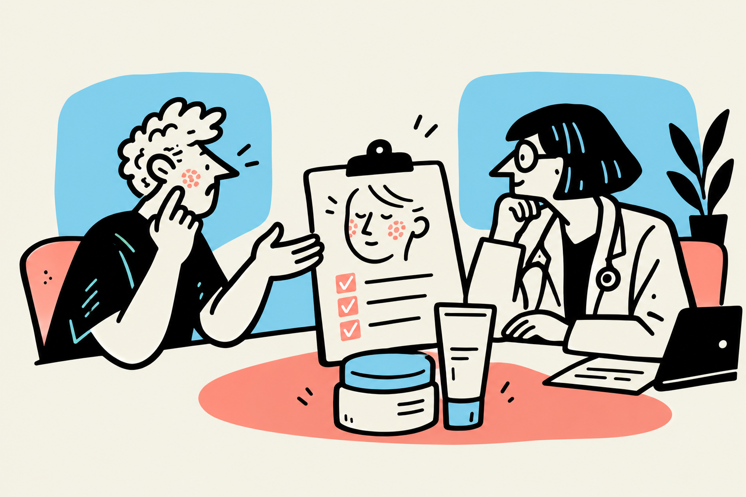 Flat ink illustration of a patient discussing irritated skin with a GP, beside a simple skincare routine.