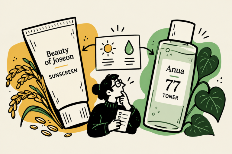 Illustrated Beauty of Joseon sunscreen tube and Anua 77 toner bottle with a person comparing a checklist