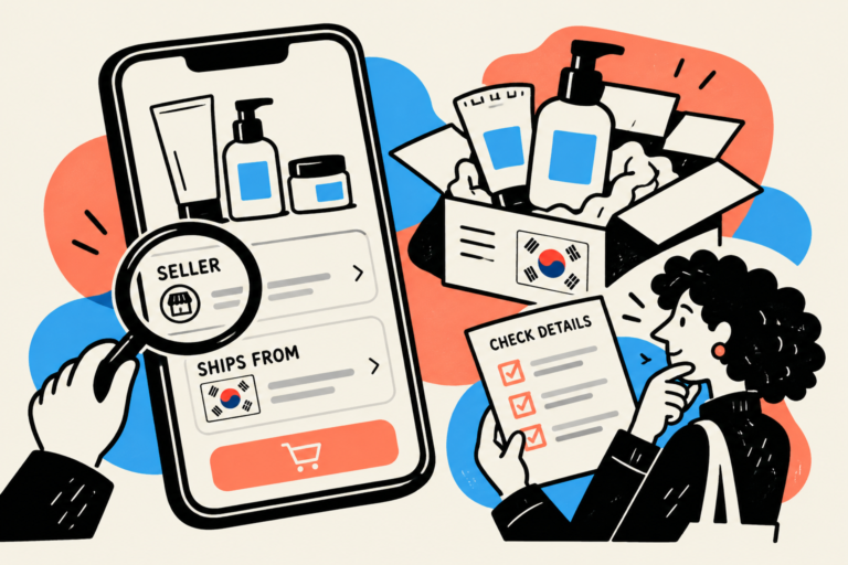 Illustrated phone showing seller and ships from details beside an open parcel and a check details list