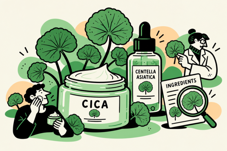 Illustrated cica cream jar and centella asiatica serum surrounded by centella leaves