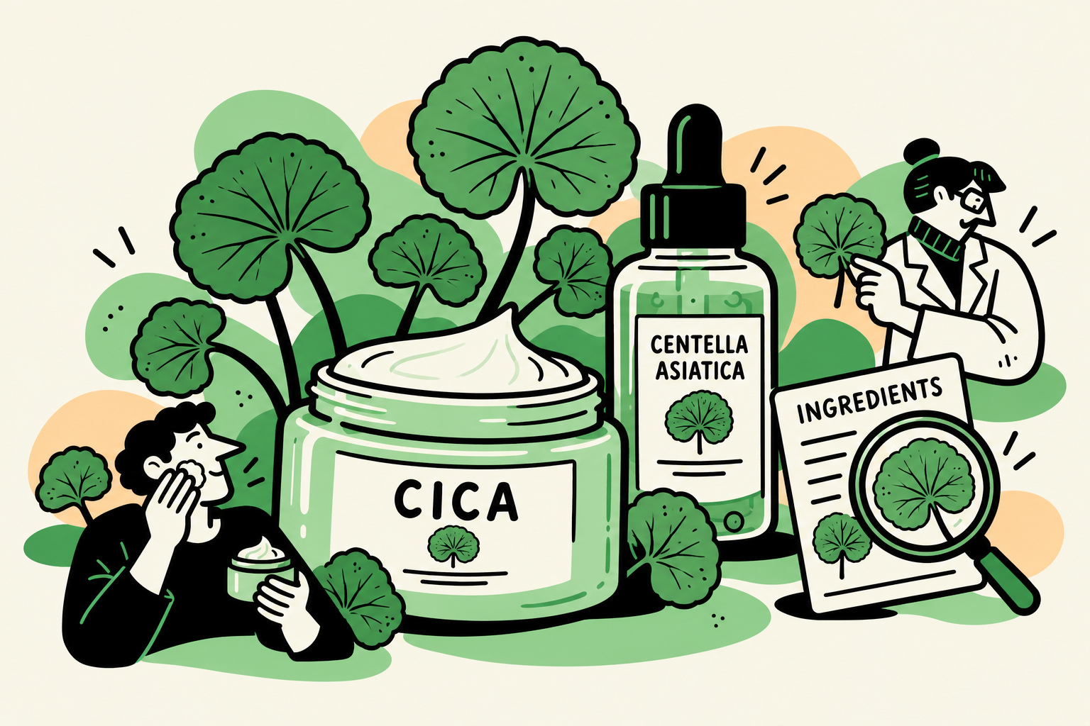 Illustrated cica cream jar and centella asiatica serum surrounded by centella leaves
