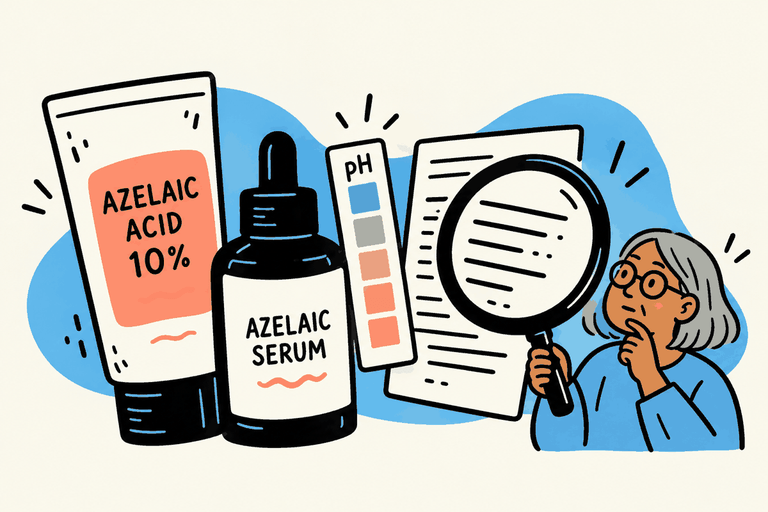 Flat illustration of azelaic acid cream and serum beside a pH strip and ingredient list, examined by a woman with glasses.