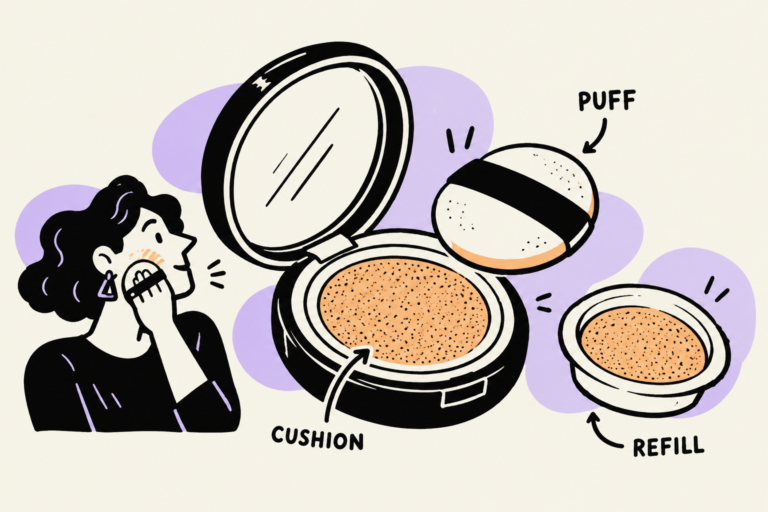 Illustrated open cushion compact with a puff and a refill beside a person applying makeup